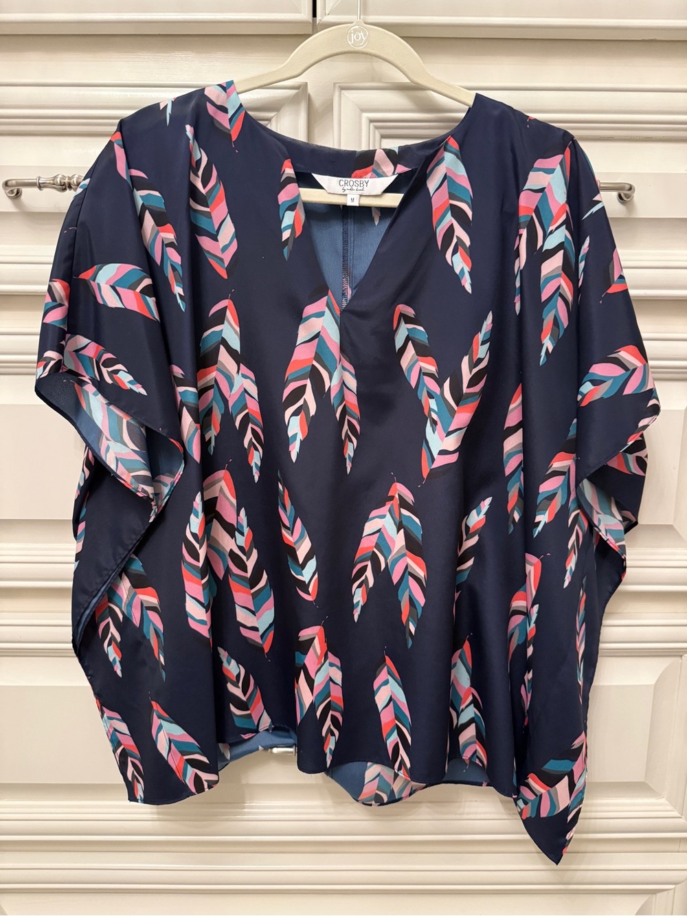 CROSBY by Molli Burch Navy Feather-Print V-Neck Tunic with Pink & Teal Accents